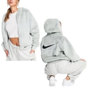 New NIKE Faux Fur Teddy Jacket Hoodie Mint Green Style DD5116-013 Sz S